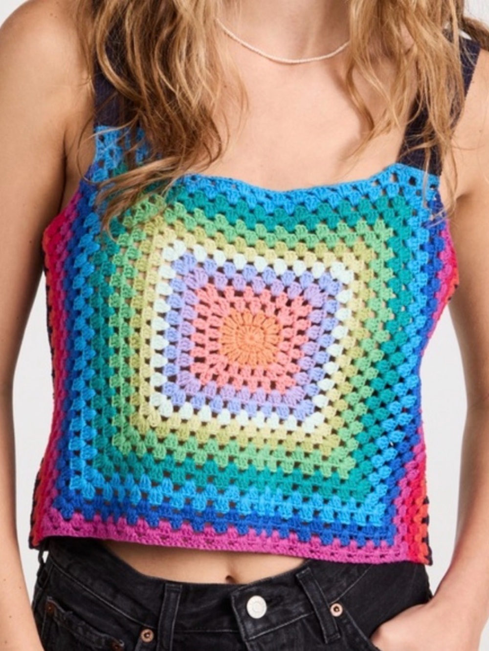 PISTOLA Vivienne Crochet Sweater Tank Navy Rainbow Granny Square Crop Top Size S